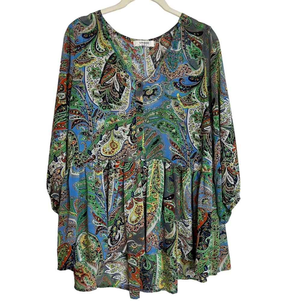 Umgee Womens Sheer Blouse Large Blue Multicolor Paisley Popover Peplum Hem
